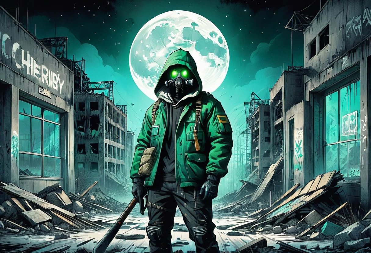 ((post apocalyptic Wasteland, abandoned place, rubble, destruction, destroyed buildings graffiti on walls:1.5)), ((Chernobyl, mutants, tattered clothes with hood and weapons, dynamic pose, epic:1.6)), ((background dark, full moon night:1.4)), (Masterpiece),(best quality:1.4), (Ultra-high resolution:1.4), detailed painting, (((Dark colors, green, cyan, white, intricate, danger signs , radiation:1.5) ), (( post apocalyptic:1.4 )), (( best quality, vibrant, 32K, well-defined lights and shadows without text:1.3).