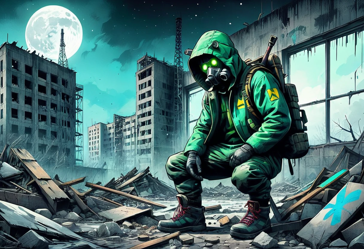 ((post apocalyptic Wasteland, abandoned place, rubble, destruction, destroyed buildings graffiti on walls:1.5)), ((Chernobyl, mutants, tattered clothes with hood and weapons, dynamic pose, epic:1.6)), ((background dark, full moon night:1.4)), (Masterpiece),(best quality:1.4), (Ultra-high resolution:1.4), detailed painting, (((Dark colors, green, cyan, white, intricate, danger signs , radiation:1.5) ), (( post apocalyptic:1.4 )), (( best quality, vibrant, 32K, well-defined lights and shadows without text:1.3).