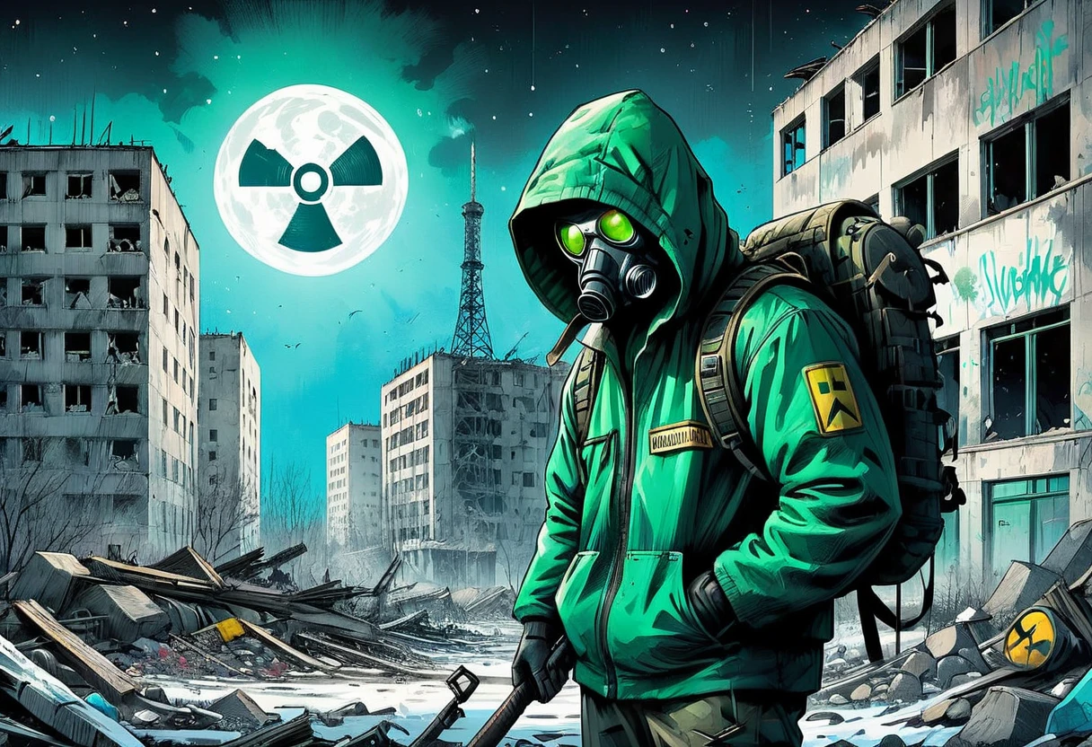 ((post apocalyptic Wasteland, abandoned place, rubble, destruction, destroyed buildings graffiti on walls:1.5)), ((Chernobyl, mutants, tattered clothes with hood and weapons, dynamic pose, epic:1.6)), ((background dark, full moon night:1.4)), (Masterpiece),(best quality:1.4), (Ultra-high resolution:1.4), detailed painting, (((Dark colors, green, cyan, white, intricate, danger signs , radiation:1.5) ), (( post apocalyptic:1.4 )), (( best quality, vibrant, 32K, well-defined lights and shadows without text:1.3).