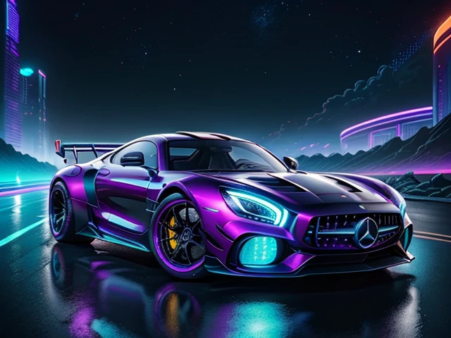 hot wheels toy with a futuristic theme background that looks natural and not edited, centered in the image, Hot Wheels Mercedes-AMG ONE, retrowave. road, purple neon lights, (masterpiece,detailed,highres),