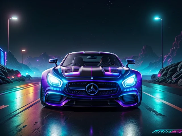 hot wheels toy with a futuristic theme background that looks natural and not edited, centered in the image, Hot Wheels Mercedes-AMG ONE, retrowave. road, purple neon lights, (masterpiece,detailed,highres),