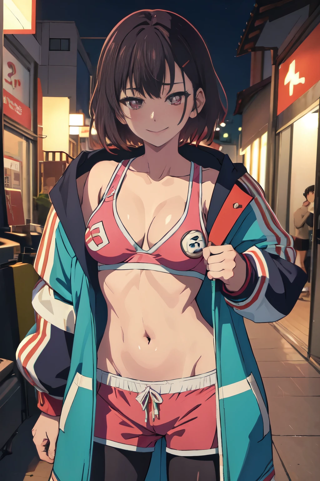 nsfw,(((masterpiece))), ShizukaMikazuki, One girl, alone, smile, blush, View your viewers, short hair, Black Hair, hair ornaments, belly button, Cleavage, Medium chest, Are standing, clavicle, Jacket, whole body, Open clothes, shoes, Shorts, Hair Clip, abdomen, Pink Eyes, Hands on hips, short Shorts, sneakers, Play sports often, leggings, pink Shorts, (Nice hands), woman Are standing in tokyo at midnight,
