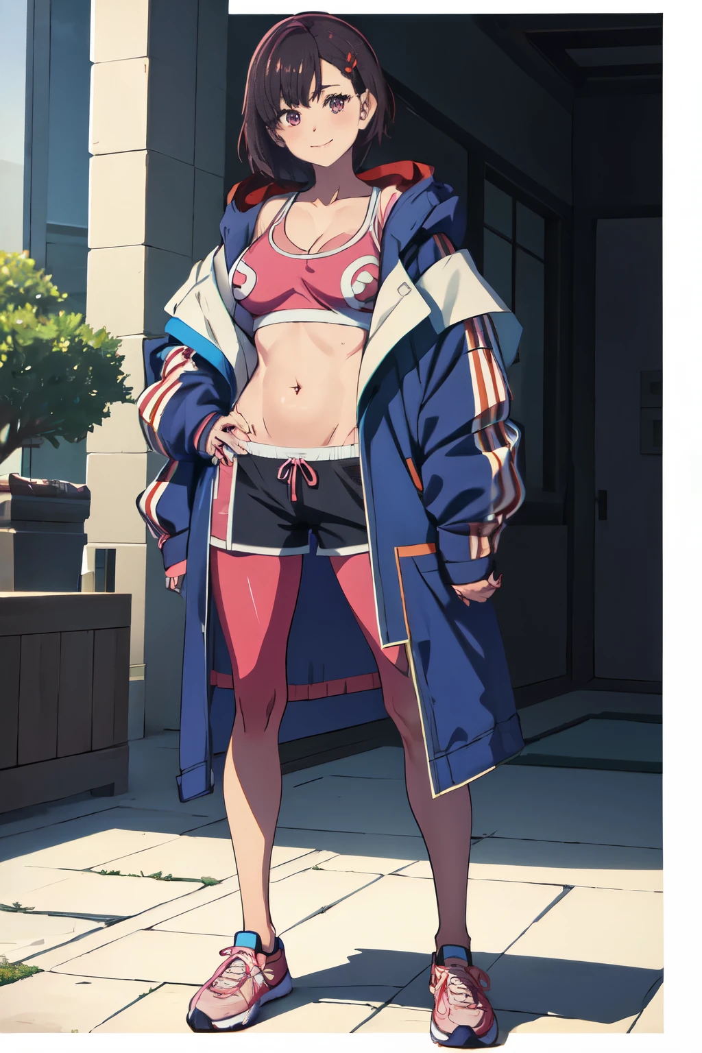 nsfw,(((masterpiece))), ShizukaMikazuki, One girl, alone, smile, blush, View your viewers, short hair, Black Hair, hair ornaments, belly button, Cleavage, Medium chest, Are standing, clavicle, Jacket, whole body, Open clothes, shoes, Shorts, Hair Clip, abdomen, Pink Eyes, Hands on hips, short Shorts, sneakers, Play sports often, leggings, pink Shorts,  (Nice hands), woman Are standing in tokyo at midnight,  