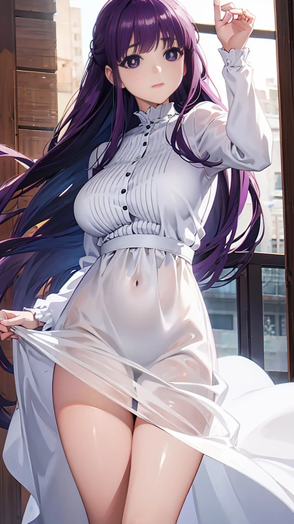 Super detailed, ((NSFW)), masterpiece, High resolution, Photorealistic digital art, perfect lighting, (((1 girl, perfect anatomy))), accurate right hand, accurate left hand, five fingers, perfect style, Fern, big purple eyes, glossy lips, purple hair, shiny skin, smile, Pure white long sleeve blouse, pure white long skirt, ((very long skirt)), Not wearing underwear, ((Strong light makes white clothing transparent)), Levitation, Fantasy art, Up close shot, Focus on the groin,