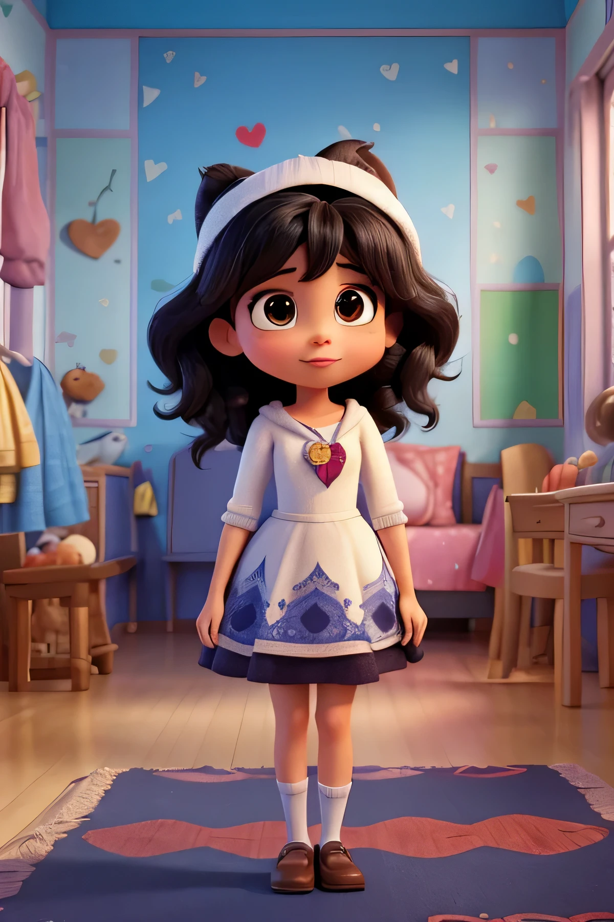 a Disney Pixar-style movie poster with the title ("Amor de um toque"). (Amor de um toque. Garota em seu quarto com roupas pretas, Black hair Medium length hair, dark brown eyes and big lips, Cristina sentada na cama ) a cena deve ser feita no estilo de arte digital exclusivo da Pixar, with an emphasis on symbolic expressions, cores vibrantes e texturas detalhadas, Specific to animations, with title ( O amor dela )