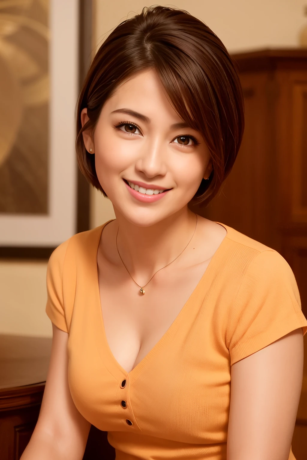 8k, highest quality, masterpiece, Photorealistic, Realistic, Very detailed, ((1 girl)), cute, (smile), (Mouth closed), Super detailed and beautiful eyes, (short hair), (bob hair), (Upper Body), Light orange top, Cleavage, (View your viewers)