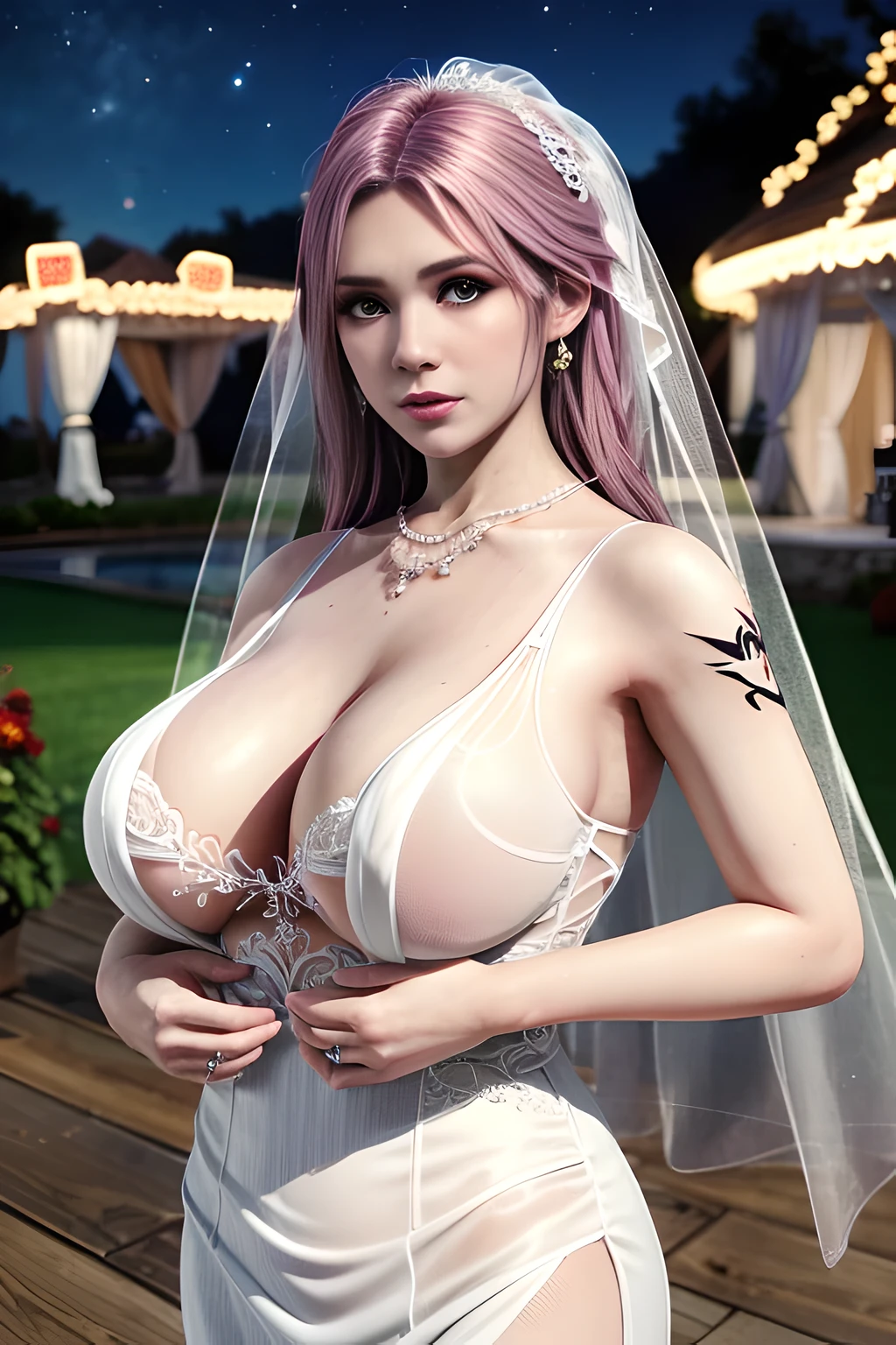 1 girl,lean over WINK,(( Wedding Dress, see-through)), outdoor,elegant,nighttime,moonlighe,shiny skin,( huge breasts:1.1), lip gloss,( tattoos:1.3), masterpiece, best quality, realistic ,Surrealism,natural colors art in 8k,soft shadows,Portrait art,solo, elise,