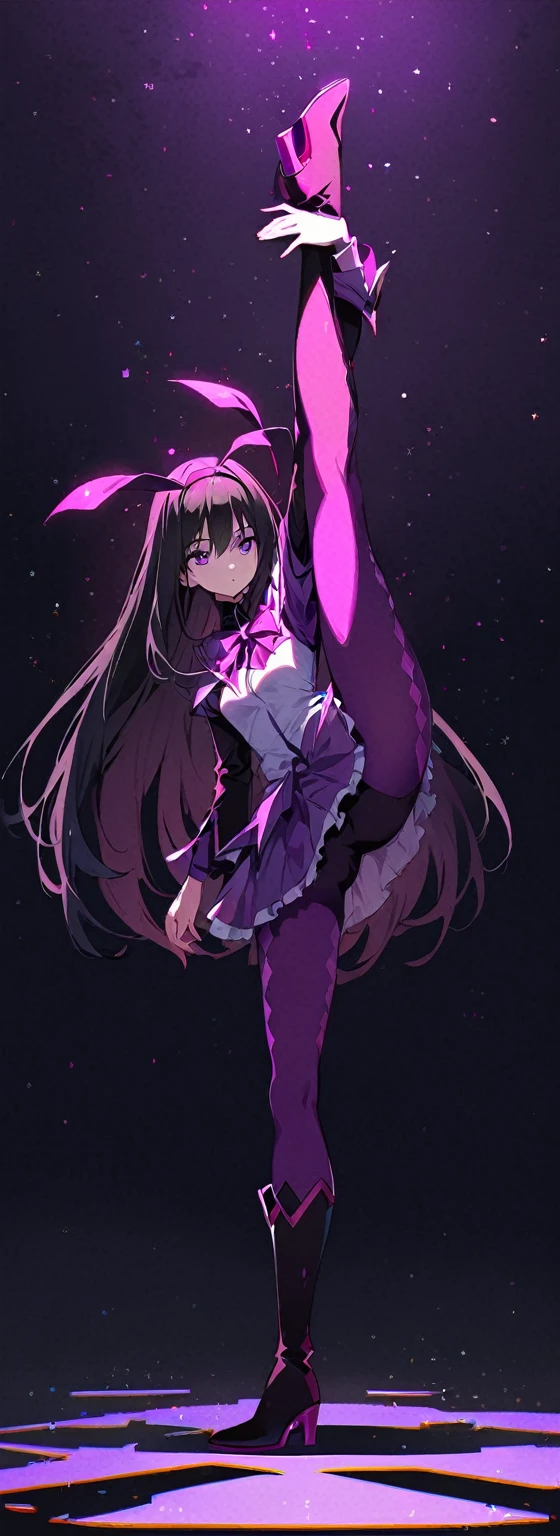 (highest quality:1.2),One girl,alone,Are standing_Split,homu，Magical Girl Clothes，boots，Purple eyes,Long Hair,Black Hair,bangs，Hair between the eyes,pixelated background,Neon Light,SF color scheme,Vibrant colors,Metallic texture,detailed shading,Holographic interface,Dark atmosphere,High Contrast,Sharp focus,twig of hair,Reflective surface,Exquisite detail,High resolution,Studio Lighting,Red accents,Illuminated surroundings,Artificial Intelligence Assistant