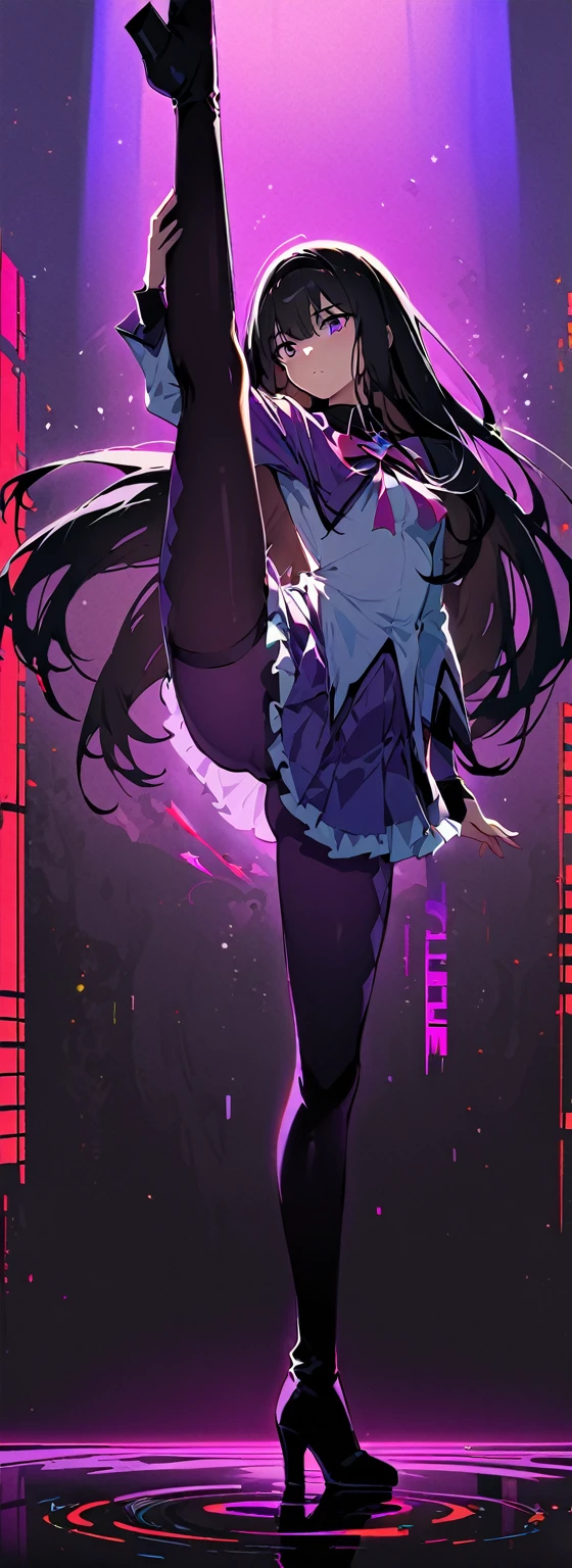 (highest quality:1.2),One girl,alone,Are standing_Split,homu，Magical Girl Clothes，boots，Purple eyes,Long Hair,Black Hair,bangs，Hair between the eyes,pixelated background,Neon Light,SF color scheme,Vibrant colors,Metallic texture,detailed shading,Holographic interface,Dark atmosphere,High Contrast,Sharp focus,twig of hair,Reflective surface,Exquisite detail,High resolution,Studio Lighting,Red accents,Illuminated surroundings,Artificial Intelligence Assistant