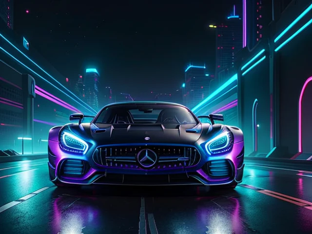 hot wheels toy with a futuristic theme background that looks natural and not edited, centered in the image, Hot Wheels Mercedes-AMG ONE, retrowave. road, purple neon lights, (masterpiece,detailed,highres),