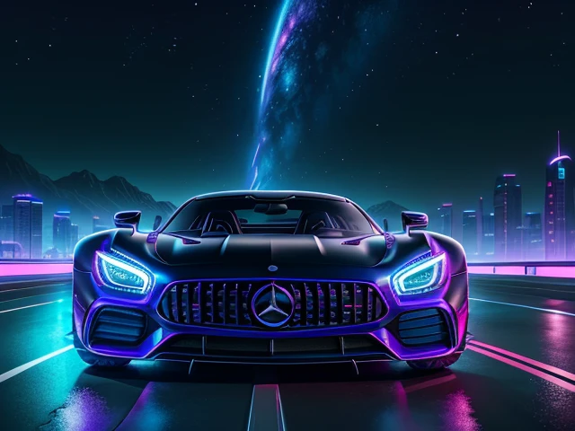 hot wheels toy with a futuristic theme background that looks natural and not edited, centered in the image, Hot Wheels Mercedes-AMG ONE, retrowave. road, purple neon lights, (masterpiece,detailed,highres),