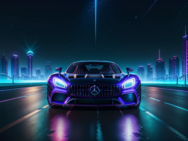 hot wheels toy with a futuristic theme background that looks natural and not edited, centered in the image, Hot Wheels Mercedes-AMG ONE, retrowave. road, purple neon lights, (masterpiece,detailed,highres),