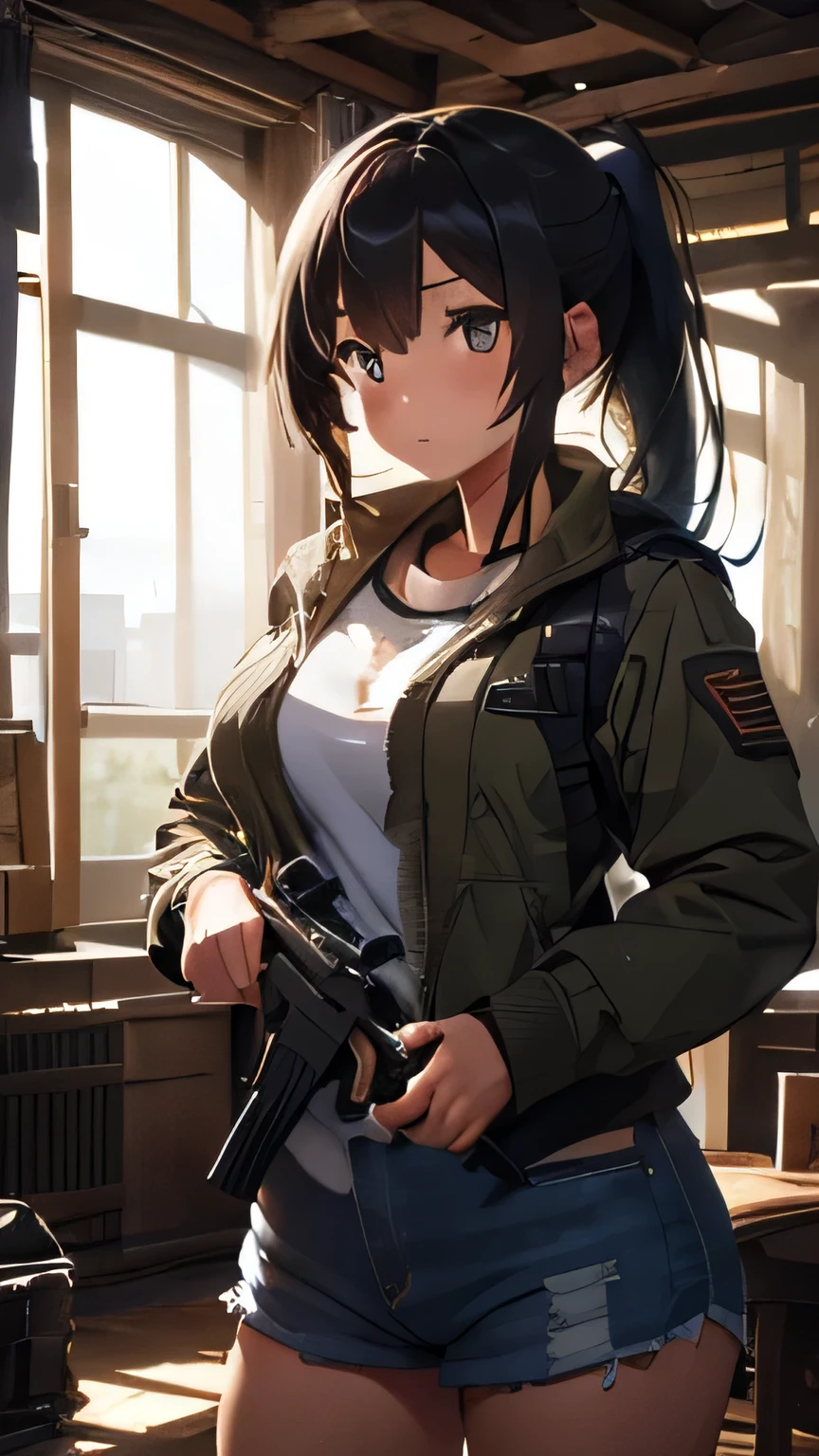 ((top-quality, ultra-definition, high resolution)), (high quality), m4a1, (Best illustration), ((beautiful fingers)), small breasts, ((holding rifle)), ((holding gun)) gun, ruins, headphone, Military jacket, muscular, black hair, ponytail, brawny, toned, ripped, buff, wiry, abs, strong, athletic, curvy (weight1.9), crepuscular rays,