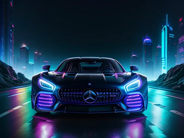 hot wheels toy with a futuristic theme background that looks natural and not edited, centered in the image, Hot Wheels Mercedes-AMG ONE, retrowave. road, purple neon lights, (masterpiece,detailed,highres),