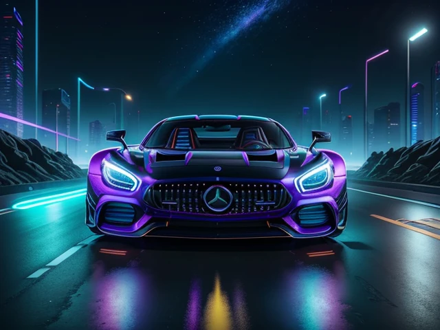 hot wheels toy with a futuristic theme background that looks natural and not edited, centered in the image, Hot Wheels Mercedes-AMG ONE, retrowave. road, purple neon lights, (masterpiece,detailed,highres),
