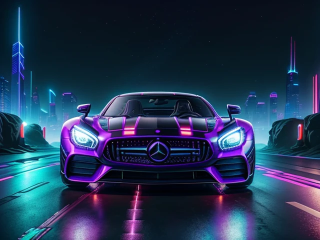 hot wheels toy with a futuristic theme background that looks natural and not edited, centered in the image, Hot Wheels Mercedes-AMG ONE, retrowave. road, purple neon lights, (masterpiece,detailed,highres),
