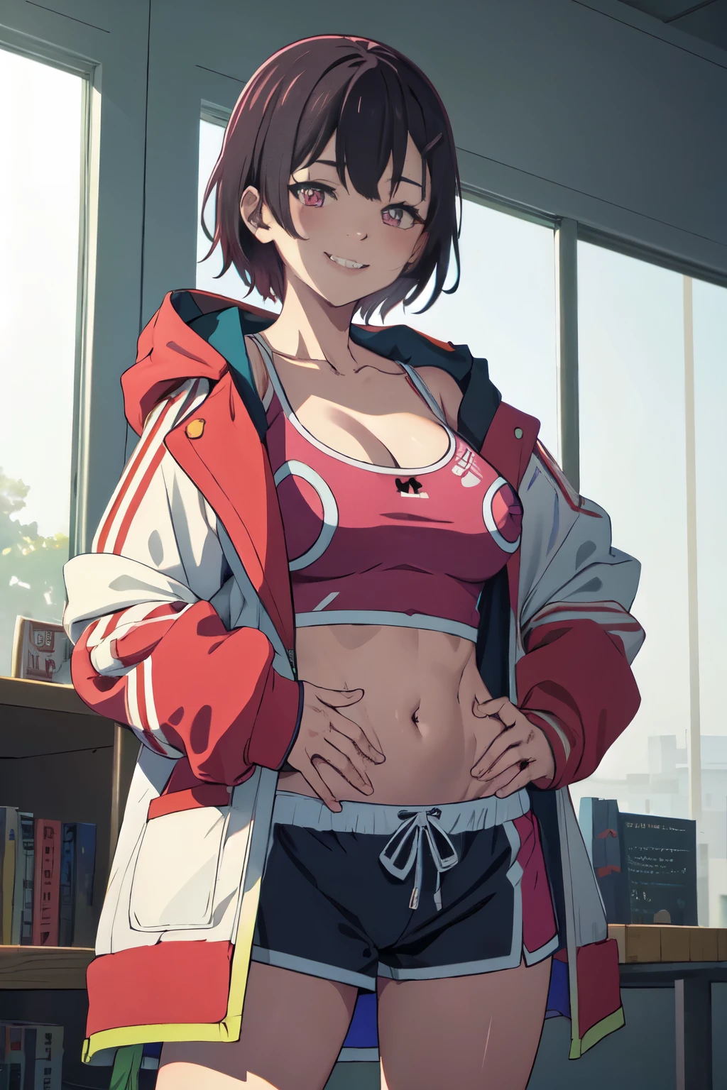 nsfw,(((masterpiece))), ShizukaMikazuki, One girl, alone, smile, blush, View your viewers, short hair, Black Hair, hair ornaments, belly button, Cleavage, Medium chest, Are standing, clavicle, Jacket, whole body, Open clothes, shoes, Shorts, Hair Clip, abdomen, Pink Eyes, Hands on hips, short Shorts, sneakers, Play sports often, leggings, pink Shorts,  (Nice hands), woman Are standing in tokyo at midnight,  Erect nipples、White Breath
