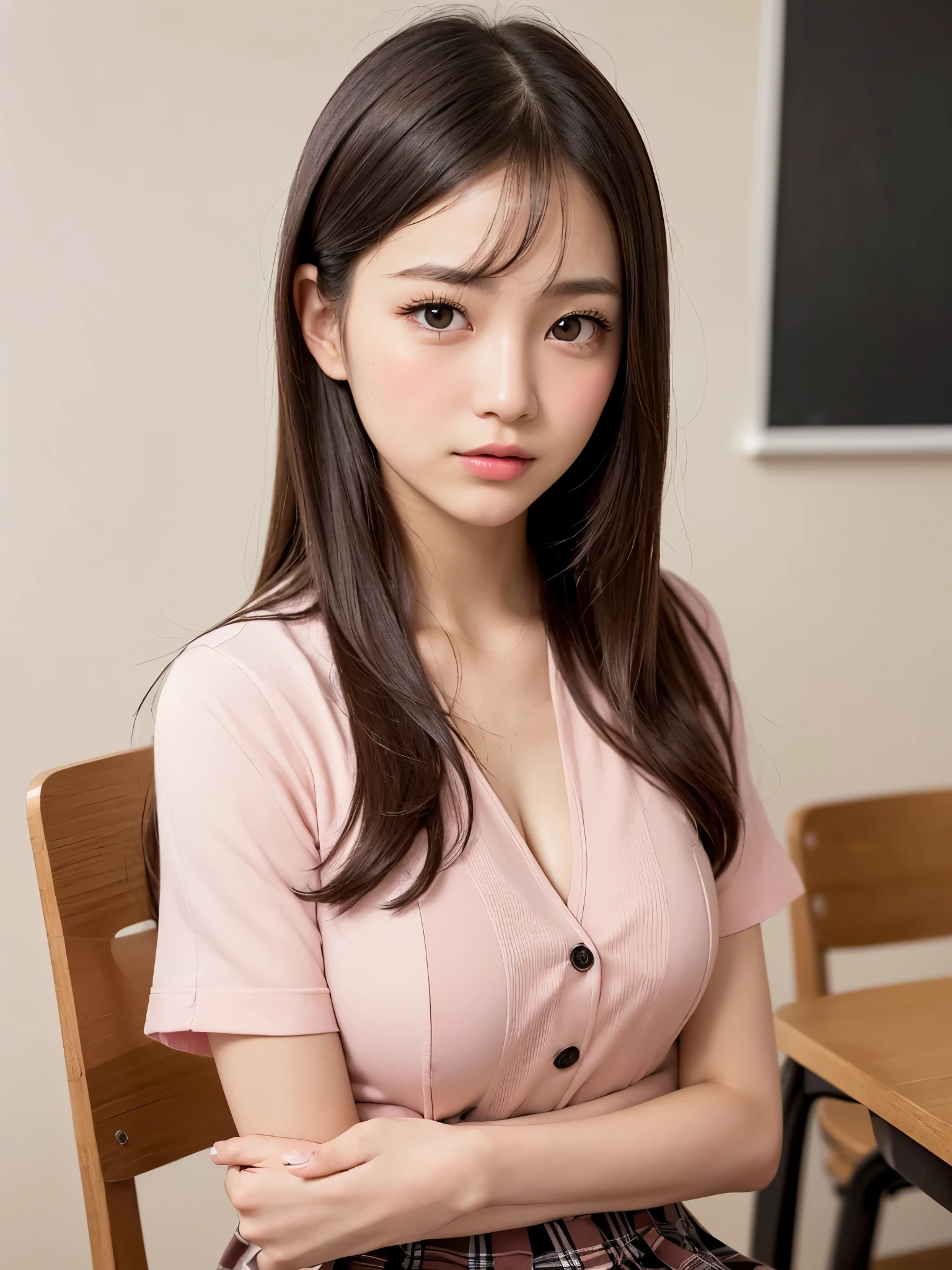 (Professional portrait, Realistic and perfectly shaped objects:1.3), (masterpiece, highest quality:1.2), (Realistic, Ultra-realistic, Realistic:1.3), (ultra High resolution), High resolution, Intricate details, Super detailed, (Highly detailed CG, unity 8k wallpaper:1.3), Clear image,
break
(1 Japanese girl, 16 years old), (cute, cute),(perfect body:1.2), Beautiful and delicate face down to the last detail, Beautiful and delicate eye and eye highlights, (Very thin and delicate、not too long lashes), (Captivating eyes, Beautiful large eyes and detailed face), light makeup, Pink Lip, Lip gloss, Stylish face, (Shiny skin, Realistic skin detail), brown hair, medium chest, cleavage
break
((Japanese high school school uniform)), (High school girl), ((Checkered Pleated Skirt)),
classroom, Sitting in a chair, break showing above the knees
(((blush:1.4))), ((Embarrassing:1.4)), (((shy:1.5)))、Staring at the camera、(Gently hug the chest of the shirt with your arms:1.2), (multiple angles:1.3)