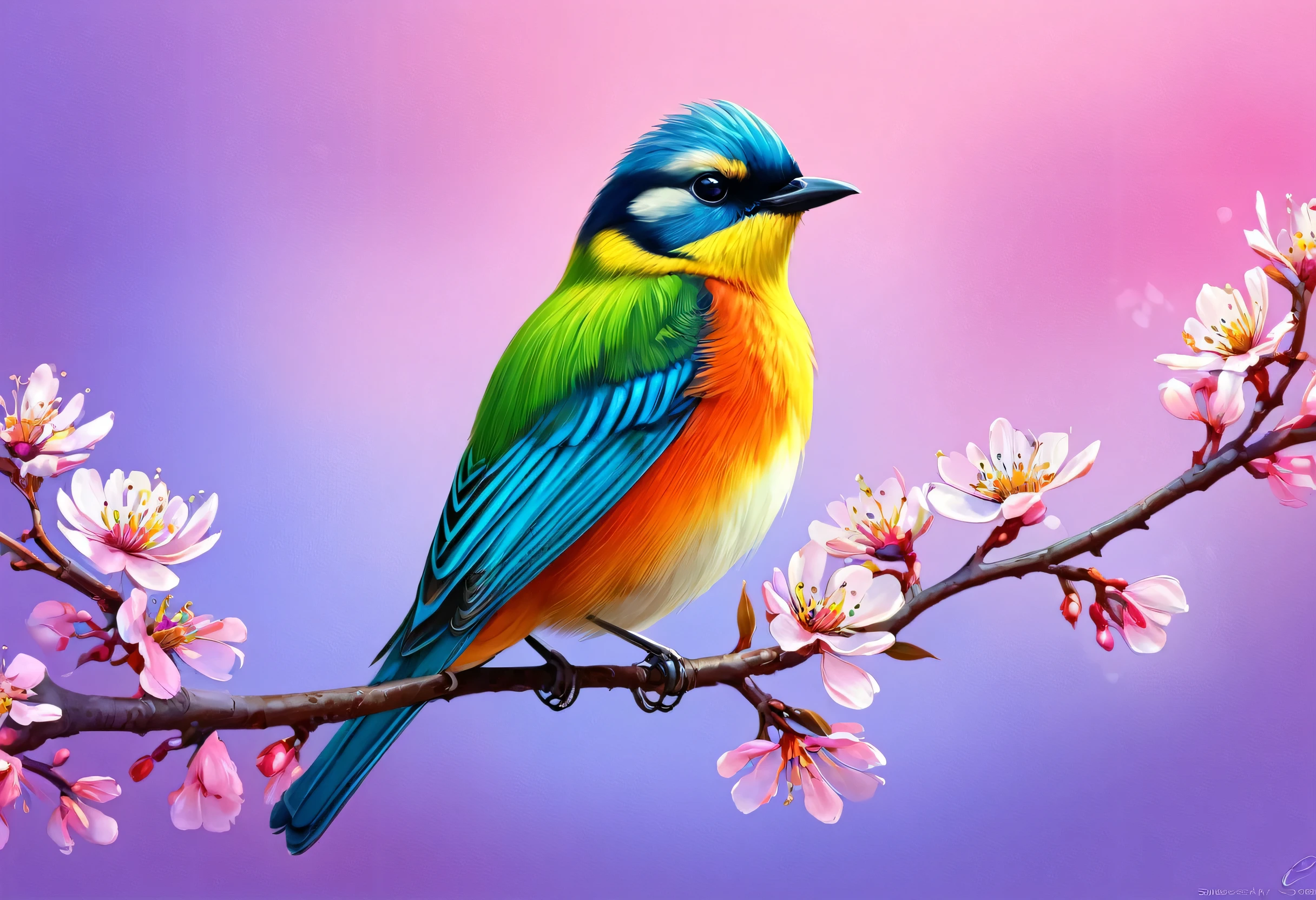 A colorful bird perched on a flowering tree branch, Colorful concept art, Beautiful digital artwork, Adorable digital painting, Beautiful digital painting, Highly detailed digital painting, Beautiful digital art, high quality digital painting, Highly detailed digital painting, Colorful digital painting, Cute and detailed digital art, Multicolored birds, 鳥 f cgsociety, very Beautiful digital art, Gorgeous digital painting