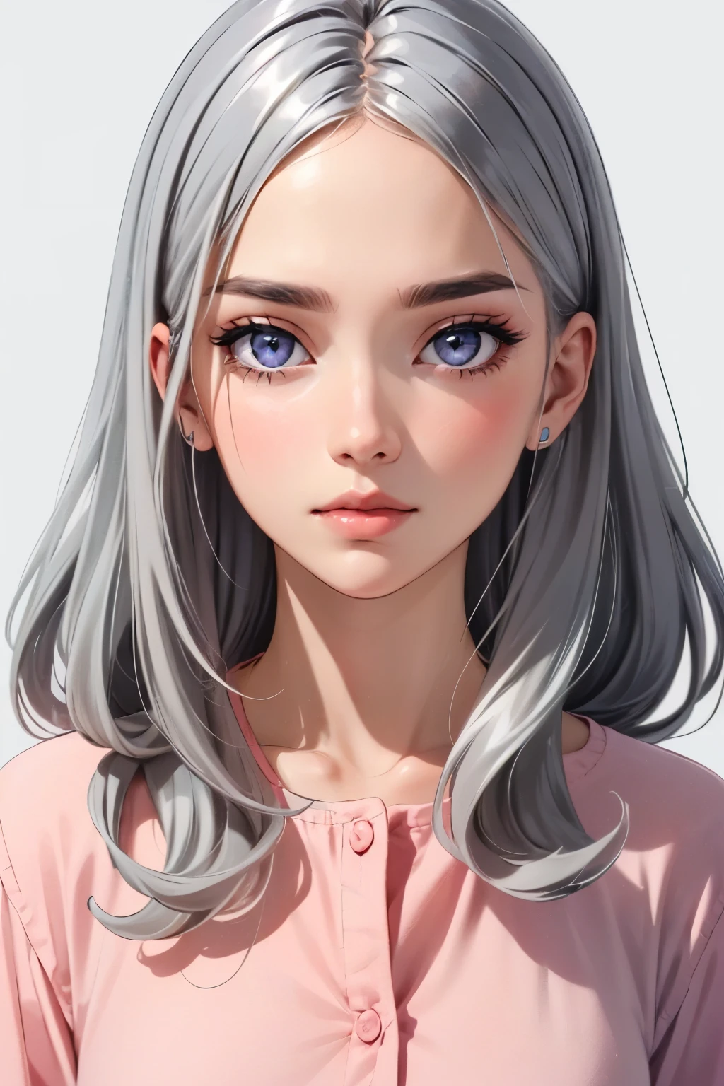 Girl, long gray hair, silver eyes, cold features, white skin, pink lips, purple shirt