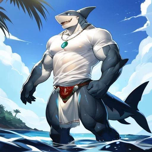 hi res,(shark, finless shark), not furry, anthro, aqua blue eyes, red loincloth, male, muscular, muscular anthro, muscular male, tail, outside, plant, light blue body, sea, solo, tree, (water), detailed background,by milkytiger1145,by takemoto arashi,by null-ghost, cold atmosphere, open smile, soft blue blush, muscular thighs, thick thighs, wide hips, single fin, loincloth accessory, loincloth jewelry, jewels and ornaments for loincloth, sexy loincloth, ((white tshirt, white tshirt)), wearing white tshirts, , ((white tshirt, white tshirt))