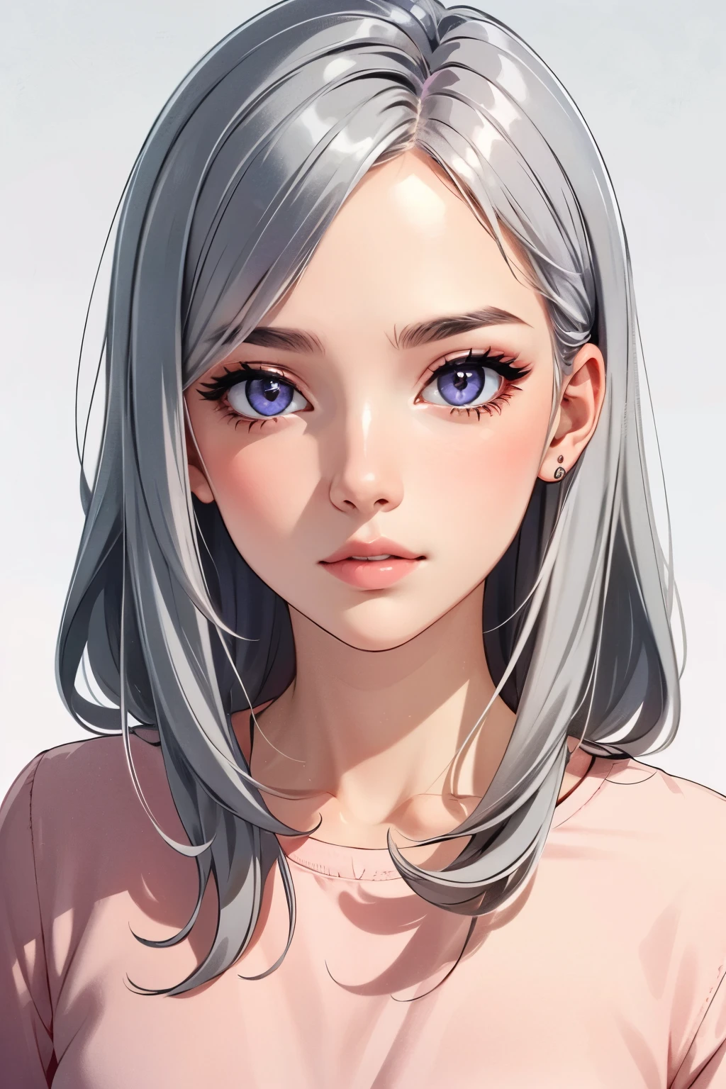 Girl, long gray hair, silver eyes, cold features, white skin, pink lips, purple shirt