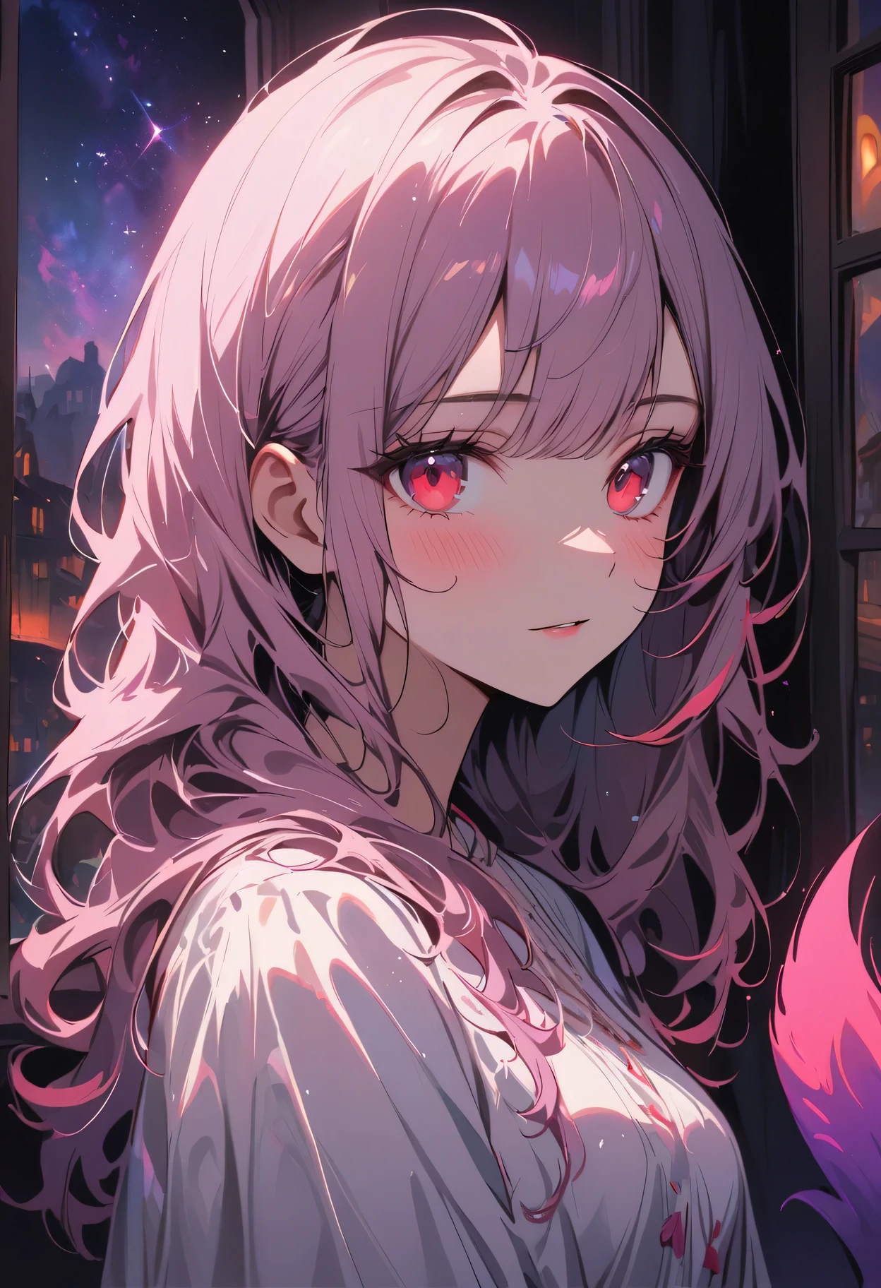 (best quality, masterpiece:1.2), 1 Girl, large red eyes,Pink long hair,White Dress,Purple Devil&#39;s Tail, blush,Gaze at the stars outside the window, Movie-level lighting effects, Particle light effects, portrait, Ethereal colors, surreal atmosphere, Delicate brushstrokes, Dreamlike scenery