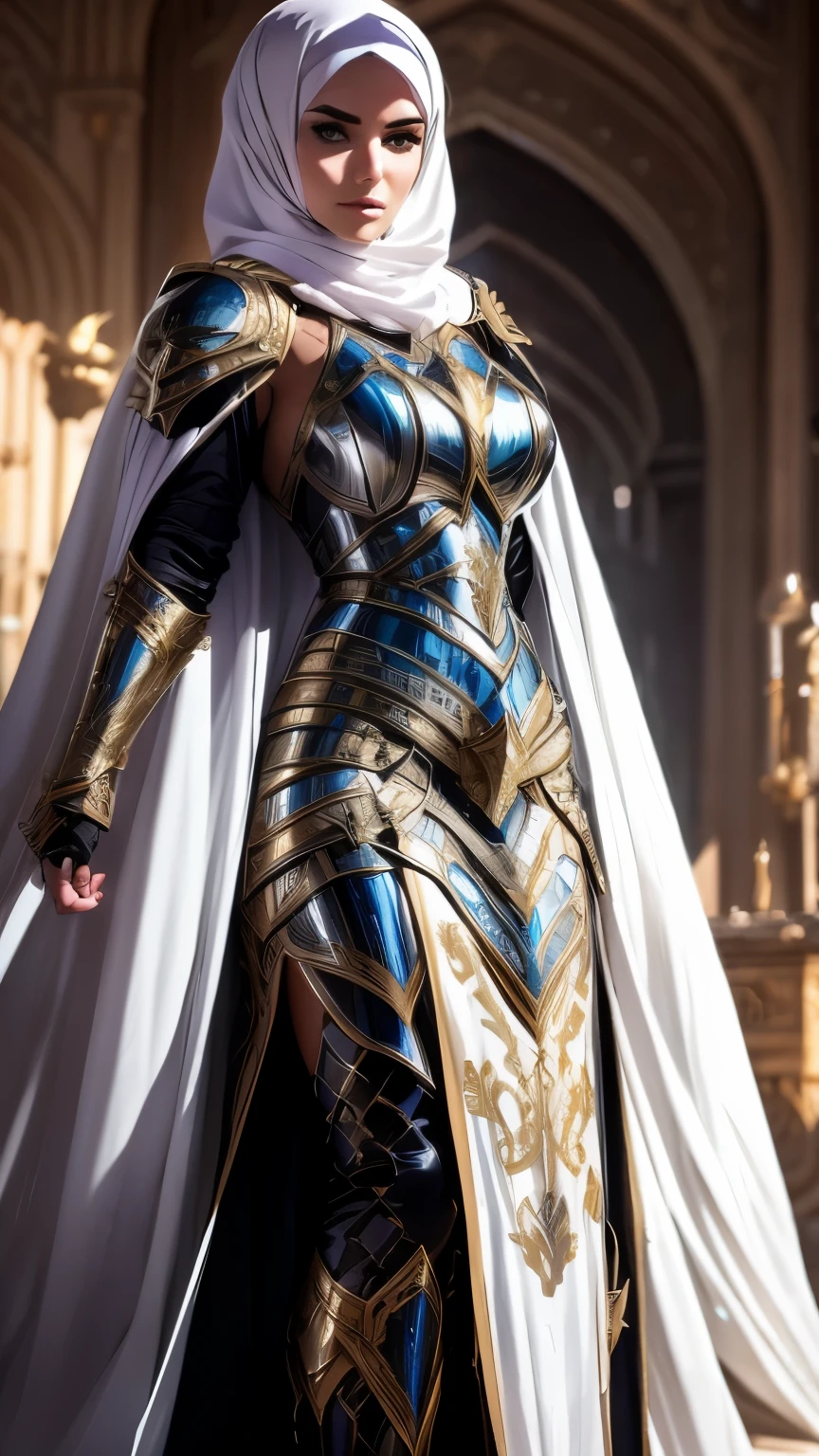 Paladin girl clad in a heavy armor set, her figure concealed by the layered protection. Beneath the armor, she dons a long sleeve white abaya, maintaining her modest attire. A black hijab gracefully covers her head, adding a striking contrast to her fortified appearance.