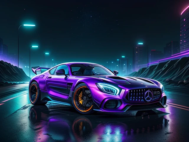 hot wheels toy with a futuristic theme background that looks natural and not edited, centered in the image, Hot Wheels Mercedes-AMG ONE, retrowave. road, purple neon lights, (masterpiece,detailed,highres),