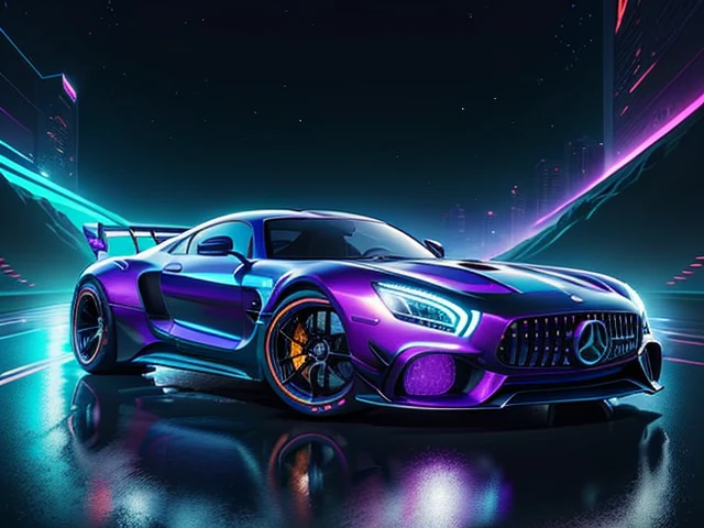 hot wheels toy with a futuristic theme background that looks natural and not edited, centered in the image, Hot Wheels Mercedes-AMG ONE, retrowave. road, purple neon lights, (masterpiece,detailed,highres),