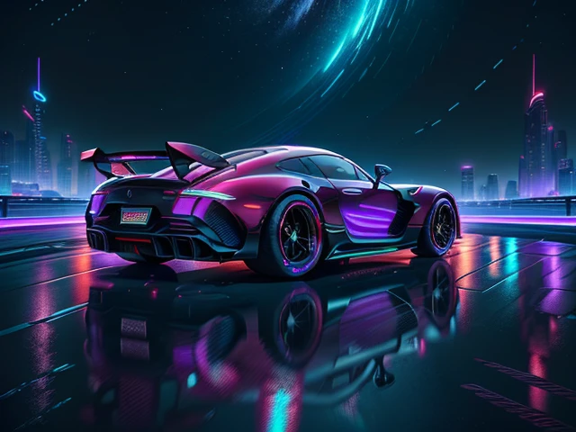 hot wheels toy with a futuristic theme background that looks natural and not edited, centered in the image, Hot Wheels Mercedes-AMG ONE, retrowave. road, purple neon lights, (masterpiece,detailed,highres),