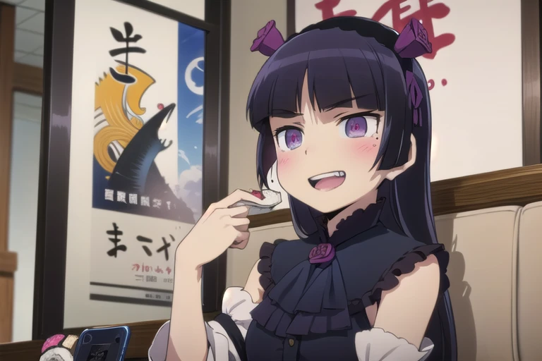 (ruri gokou), masterpiece, highest quality, One girl, alone, Hime cut, Gothic Lolita, Lolita Fashion, head band,restaurant,open mouth,tongue,food,makizushi,seafood,smirk,eating,laughing,constricted pupils,evil grin,shouting,(((indoors,sushi, food, smartphone, talking on phone,holding phone))),