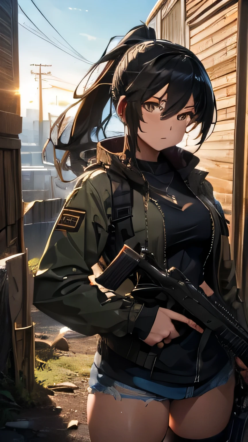 ((top-quality, ultra-definition, high resolution)), (high quality), m4a1, (Best illustration), ((beautiful fingers)), small breasts, ((holding rifle)), ((holding gun)) gun, ruins, headphone, Military jacket, muscular, black hair, ponytail, brawny, toned, ripped, buff, wiry, abs, strong, athletic, curvy (weight1.9), crepuscular rays,