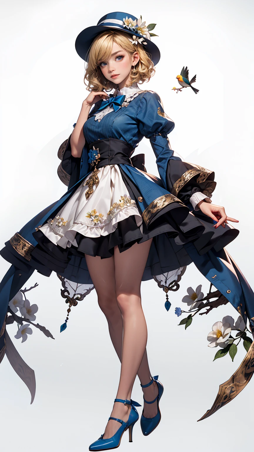 uekura, One girl, Blonde, White Background, Have, dress, Blue footwear, wing, Simple Background, sign, flower, Manicure, Wide sleeves, Long sleeve, blush, animal, white flower, alone, whole body, bird, View your viewers, High heels, Put your hand on your cheek, put your hand on your face, Frills, bow, bangs, ribbon, Bell, Blue hat, +_+, shoes下, short hair, Grey Eyes, shoes, Blue Claws, feathered wing, blue bow