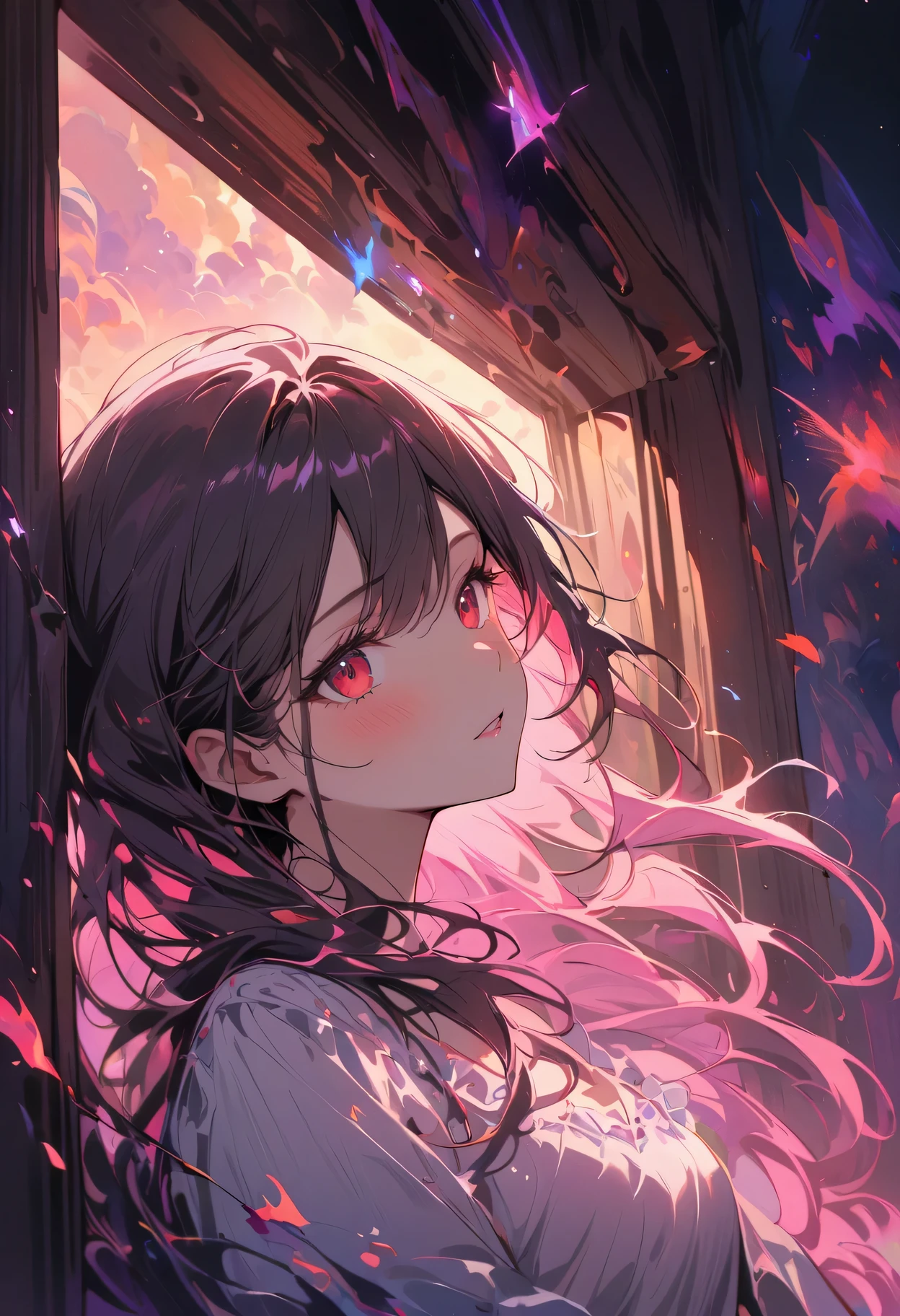 (best quality, masterpiece:1.2), 1 Girl, large red eyes,Pink long hair,White Dress,Purple Devil's Tail, blush,Gaze at the stars outside the window, Movie-level lighting effects, Particle light effects, portrait, Ethereal colors, surreal atmosphere, Delicate brushstrokes, Dreamlike scenery