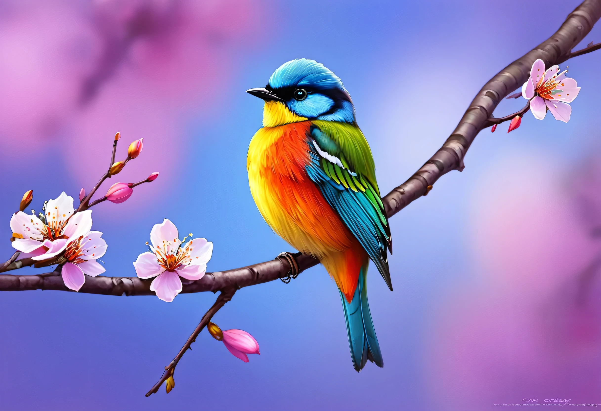 A colorful bird perched on a flowering tree branch, Colorful concept art, Beautiful digital artwork, Adorable digital painting, Beautiful digital painting, Highly detailed digital painting, Beautiful digital art, high quality digital painting, Highly detailed digital painting, Colorful digital painting, Cute and detailed digital art, Multicolored birds, 鳥 f cgsociety, very Beautiful digital art, Gorgeous digital painting