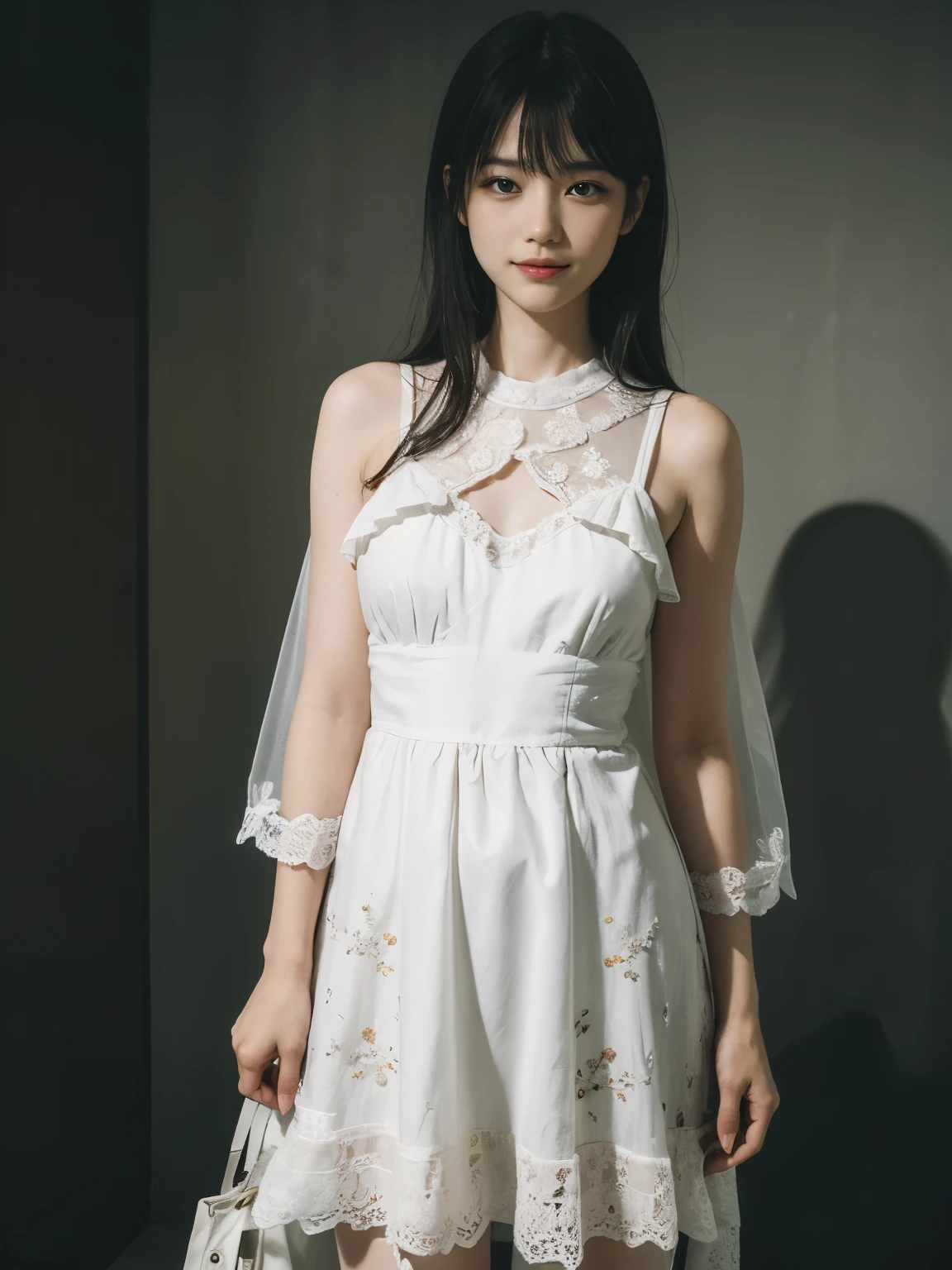 (ultra realistic) , (illustration), (increase resolution), (8K), (extremely detailed), (best illustration), (beautiful detailed eyes), (best quality), (ultra-detailed), (masterpiece), (wallpaper), (detailed face), solo,1 girl, looking at viewers, black straight hair, delicate details, in the dark, deep shadow, low key, pureerosfaceace_v1, happy smile, summer dress, full body, meadow