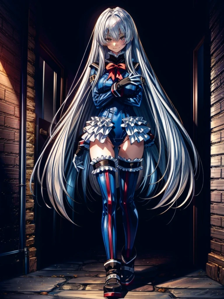 Perfect ???????, highest quality, marierose,look at me lovingly,Provocative attitude
,(Dimly lit basement:1.1),Wicked Smile,Anime Style,(Frilled swimsuit, Knee socks, Removed sleeve), (Anime Style:1.4) ,
Silver Hair,(White fingers:1.1,Black gloves),Very long hair,Evil Aura,Rape Eye,Full body view