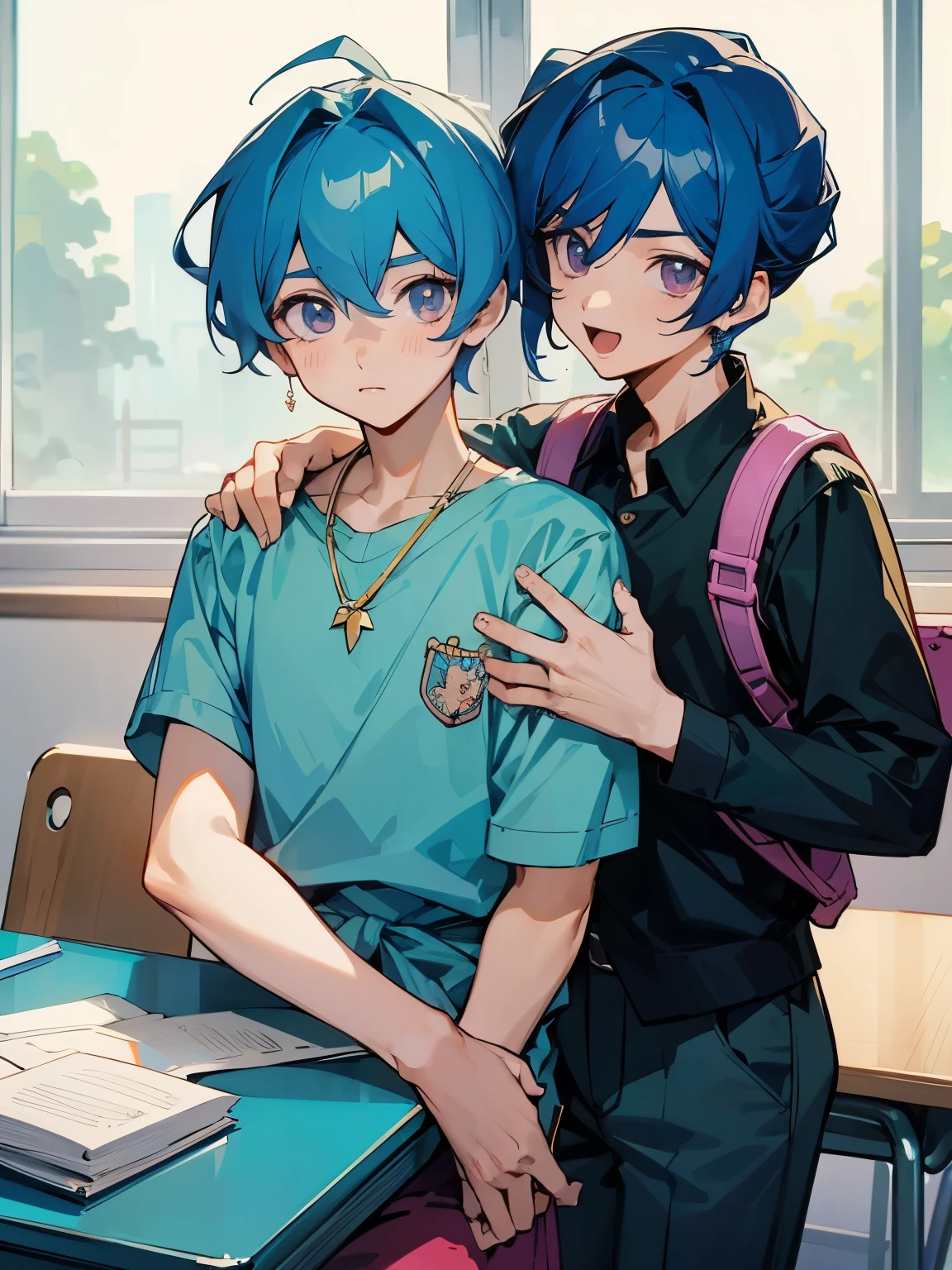 cartoon of two boys sitting at a table with a book and a backpack, digital data link layer, 80s anime art style, 90 年代Anime style, 90 年代Anime style, Anime style, Anime style, Anime Aesthetics, Anime atmosphere, 9 0 s Anime Aesthetics, 90s anime art style, Lo-Fi Boy, Typical animation classroom, Beautiful background window, Two cute boys, Beautiful Face, two boys, Don't add more hands, no extra hands, generate two boys with no extra hands, no extra arms