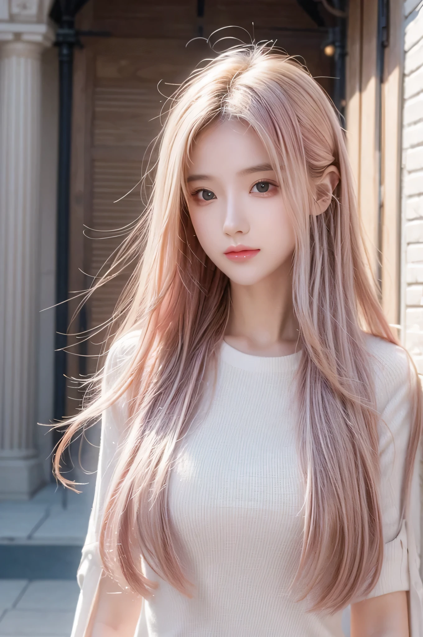best quality, masterpiece, upper body, woman, blonde hair blown in the wind, shining eyes, steampunk nude style, thin clothes, pink clothes, pink hair