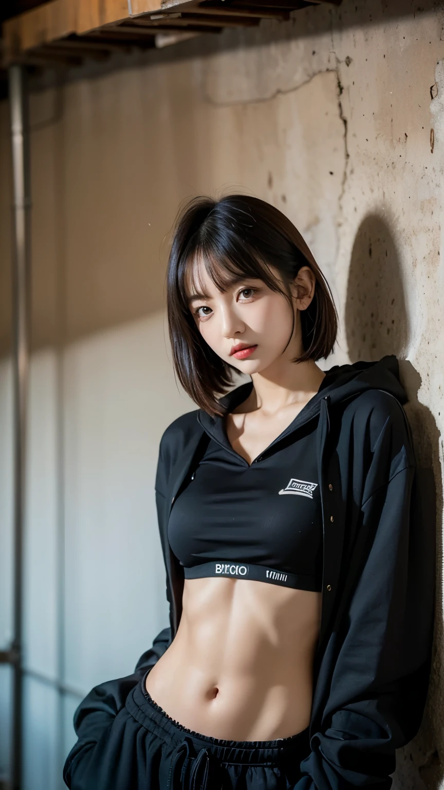 18-year-old,Korean women,((((In a dark basement)))),(((imprisonment))),(((torture))),(((Frowning,カメラをGlaring))),(Very fine eye),((I can't see my stomach)), (((Wearing a long black down jacket,Wearing baggy pants))),(((Collapsing Building))),(((old buildings))),((photograph)),(((Fabric Shading))), (((highest quality))), (((masterpiece))) strong girl, ((((Realistic)))),,Black Hair, chic hairstyle, ((With bangs,Straight medium bob cut, nice hair)), Light makeup,Red eyes, (((I'm not wearing lipstick))), (nice, strong), (((An atmosphere of anxiety))), Centered Images, Looking at the camera, Realistic Skin,Realistic texture,8k,whole body,Pale skin, A huge amount of trash,Red iris,Expressionless,Glaring,Perfect Face,(((Big eyes))),Wide black baggy pants,Mouth closed, portrait of aespaのウィンター,She is wearing black streetwear, Woman in black streetwear, 黒いハイテクな服を着た女性のphotograph, Girl wearing black hoodie, Cyberpunk Streetwear, Cyberpunk Streetwear street fashion e-girl,