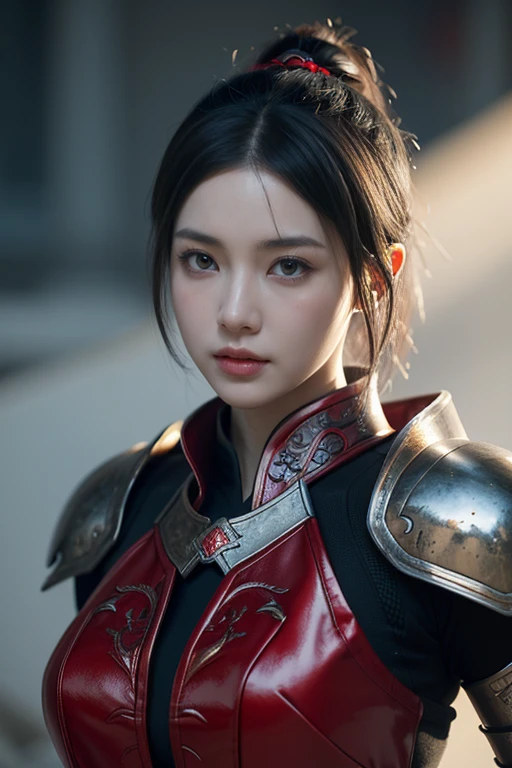 Masterpiece,Game art,The best picture quality,Highest resolution,8K,(Portrait),Unreal Engine 5 rendering works,(Digital Photography),
Girl,Beautiful pupil,(Gradual short hair is blue and red),Busty,(Big breasts),(Portrait photography:1.5),
(A chivalrous woman in Tang Dynasty),Casual hairstyle,Delicate faces,(Full breasts,Big breasts),Serious,Cool and elegant,(Wearing combat armor combined with the characteristics of ancient Chinese clothing,A complex pattern,Mysterious light,Hollow Armor),(Red and black),Ancient fantasy style characters
Movie lights,Ray tracing,Game CG,((3D Unreal Engine)),oc render reflection texture