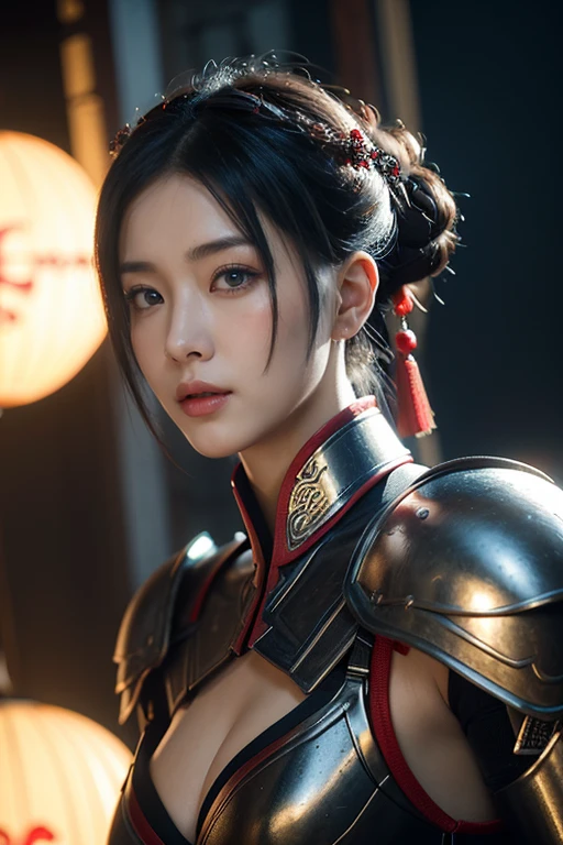 Masterpiece,Game art,The best picture quality,Highest resolution,8K,(Portrait),Unreal Engine 5 rendering works,(Digital Photography),
Girl,Beautiful pupil,(Gradual short hair is blue and red),Busty,(Big breasts),(Portrait photography:1.5),
(A chivalrous woman in Tang Dynasty),Casual hairstyle,Delicate faces,(Full breasts,Big breasts),Serious,Cool and elegant,(Wearing combat armor combined with the characteristics of ancient Chinese clothing,A complex pattern,Mysterious light,Hollow Armor),(Red and black),Ancient fantasy style characters
Movie lights，Ray tracing，Game CG，((3D Unreal Engine))，oc render reflection texture