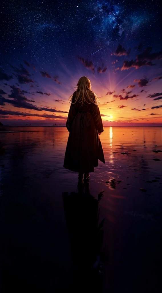 1people々々々々々々々々々,Blonde long-haired woman,Long coat, Dress Silhouette, Rear View,Space Sky, , Anime Style, sunset,The boundary between sea and space,