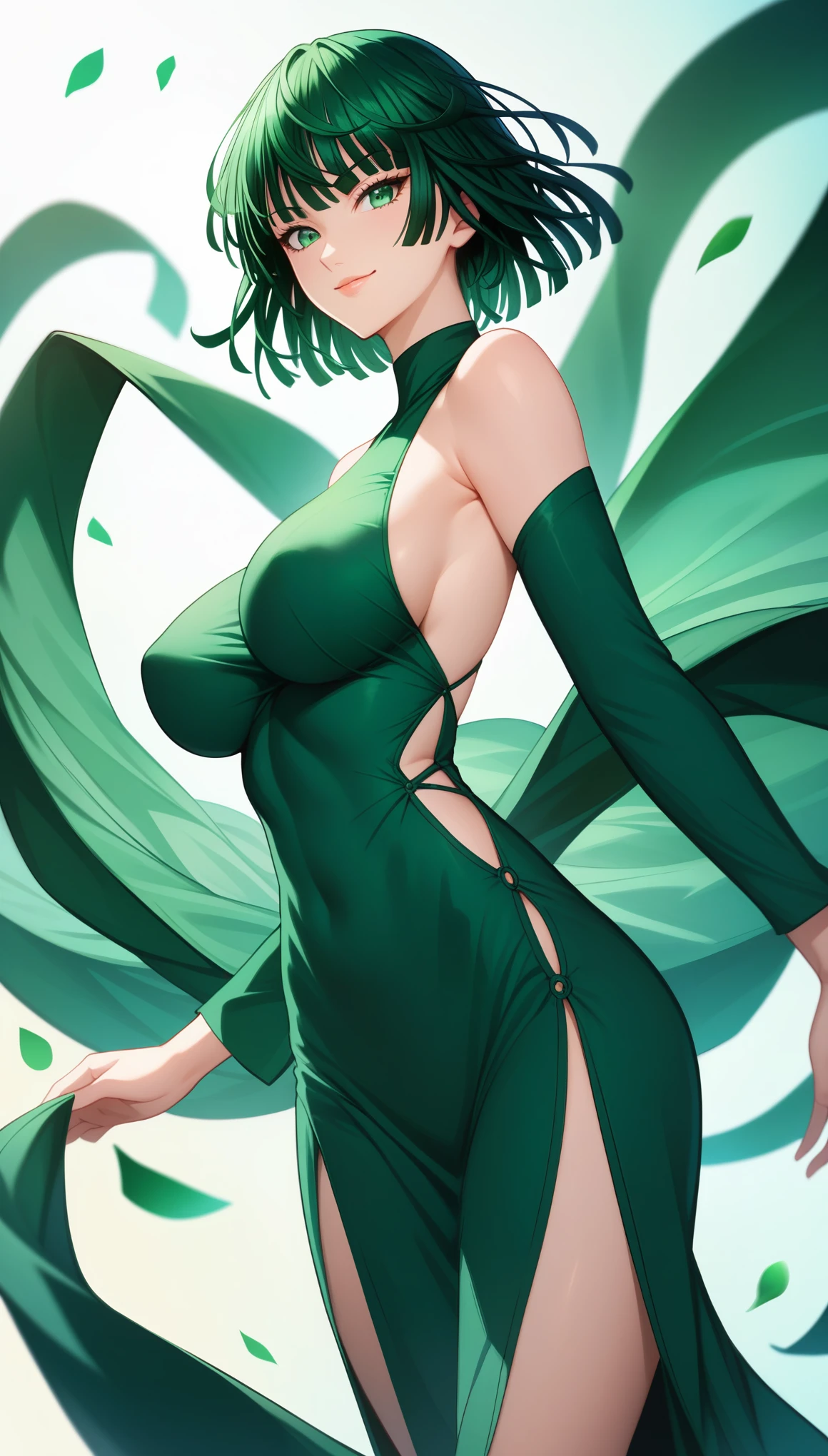 score_9, score_8_up, score_7_up, intricate details,
1girl, fubuki, one-punch man, green hair, green eyes, dress, bare shoulders, detached sleeves, large breasts, side slit, pelvic curtain, smile, looking at viewer,