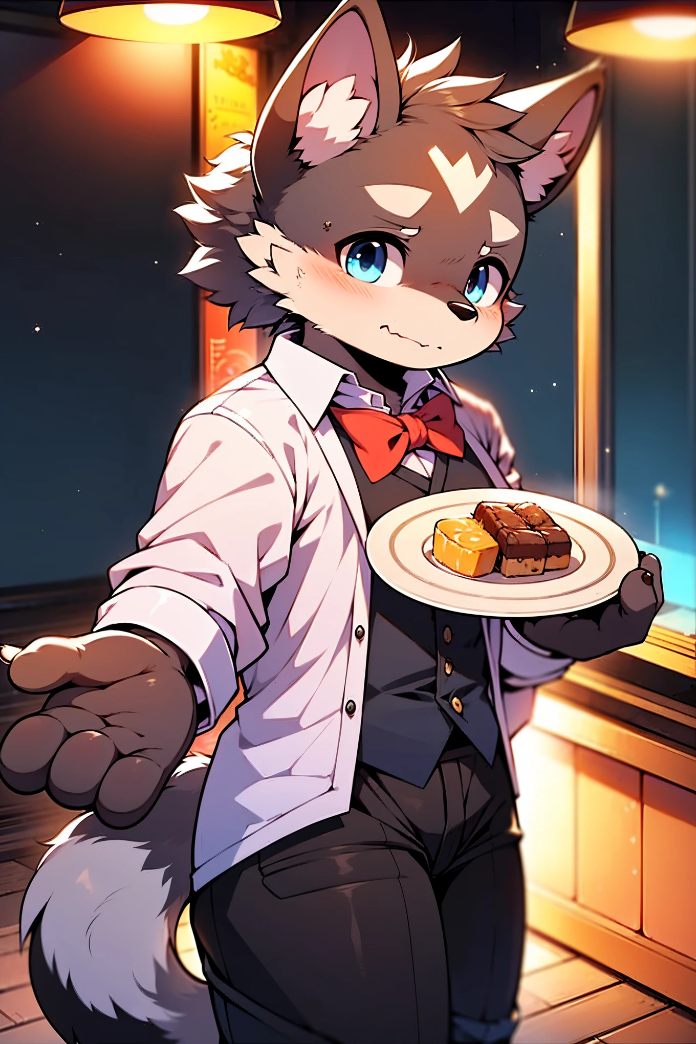 (masterpiece), best quality, perfect face, 2 topless furry shota cat boys, blushed, topless, serving, navel, lined up, café, innocent boy, ribbons, bow tie, restaurant, tugging briefs, big white briefs with black suspenders, name tag, briefs cafe