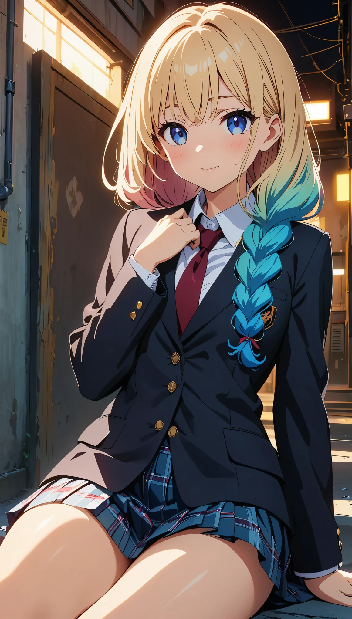 (highest quality:1.2, Anime artwork, Anime Style, Studio Anime, Very detailed, up to date, Vibrant, Anime Coloring, High Contrast, masterpiece:1.2, highest quality, Best aesthetics), blue plaid pleated skirt:1.5, Red tie:1.5, Black blazer, (Private School Uniforms), Beautiful thighs, Black knee-high socks, Gradient Hair, Perfect body line, Skin with attention to detail, cute, Detailed face, (Random Pause), at school, Accurate Fingers, evening, Illuminated by the setting sun, Soft lighting,