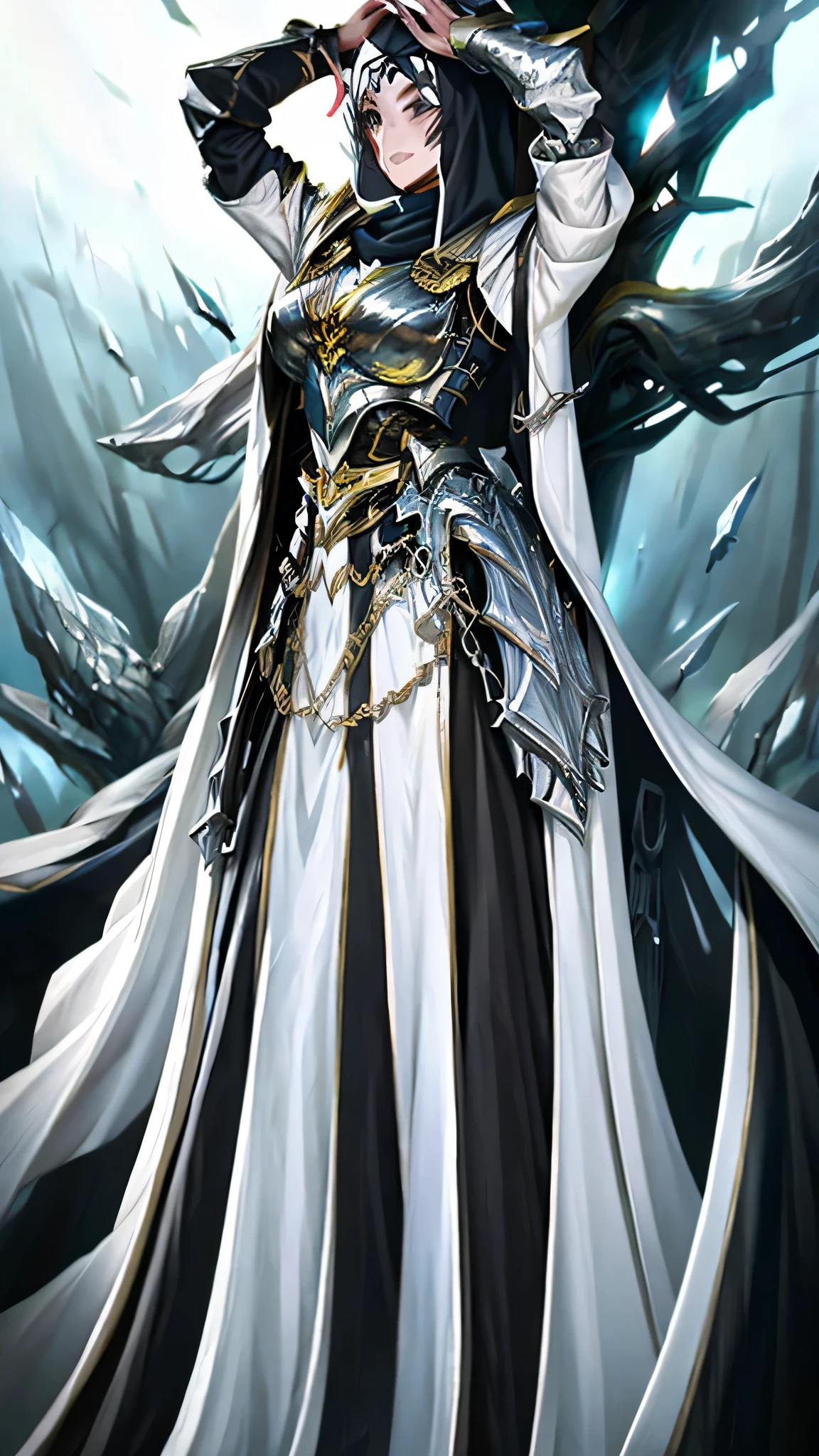 Paladin girl clad in a heavy armor set, her figure concealed by the layered protection. Beneath the armor, she dons a long sleeve white abaya, maintaining her modest attire. A black hijab gracefully covers her head, adding a striking contrast to her fortified appearance.