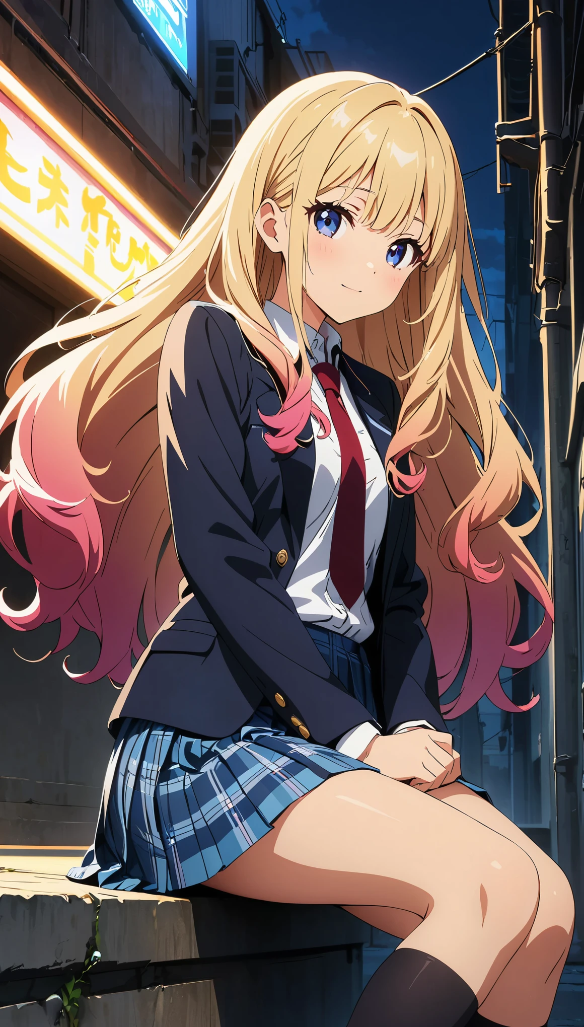 (Highest quality:1.2, Anime artwork, Anime Style, Studio Anime, Very detailed, up to date, Vibrant, Anime Coloring, High Contrast, masterpiece:1.2, Highest quality, Best aesthetics), Blue plaid pleated skirt:1.5, Red tie:1.5, Black blazer, (Private School Uniforms), Beautiful thighs, Black Stockings, Gradient Hair, Long hair braided low, Perfect body line, Skin with attention to detail, cute, Detailed face, Sitting, Open your hands, alley, stage, Accurate Fingers, evening, Illuminated by the setting sun, Soft lighting, (Perfect hands, Perfect Anatomy),