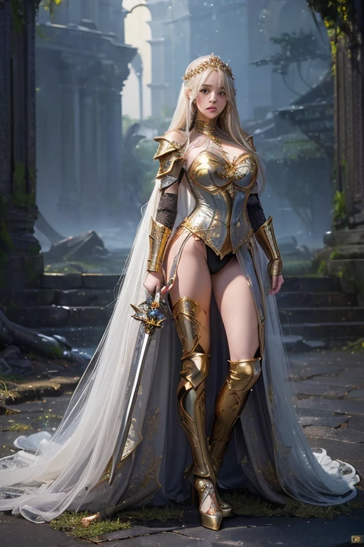(master piece:1.5), (best quality:1.5), 8k,wallpaper, Full Body, A blond very long curly gold hair sexy female dark fantasy knight wearing an intricate elaborate white silver smooth armor with notorious gold ornaments, no helmet, beautiful, real breast cleavage, wearing a long silver sword, big old tree and ruins behind, ethereal lightning, sharp focus.